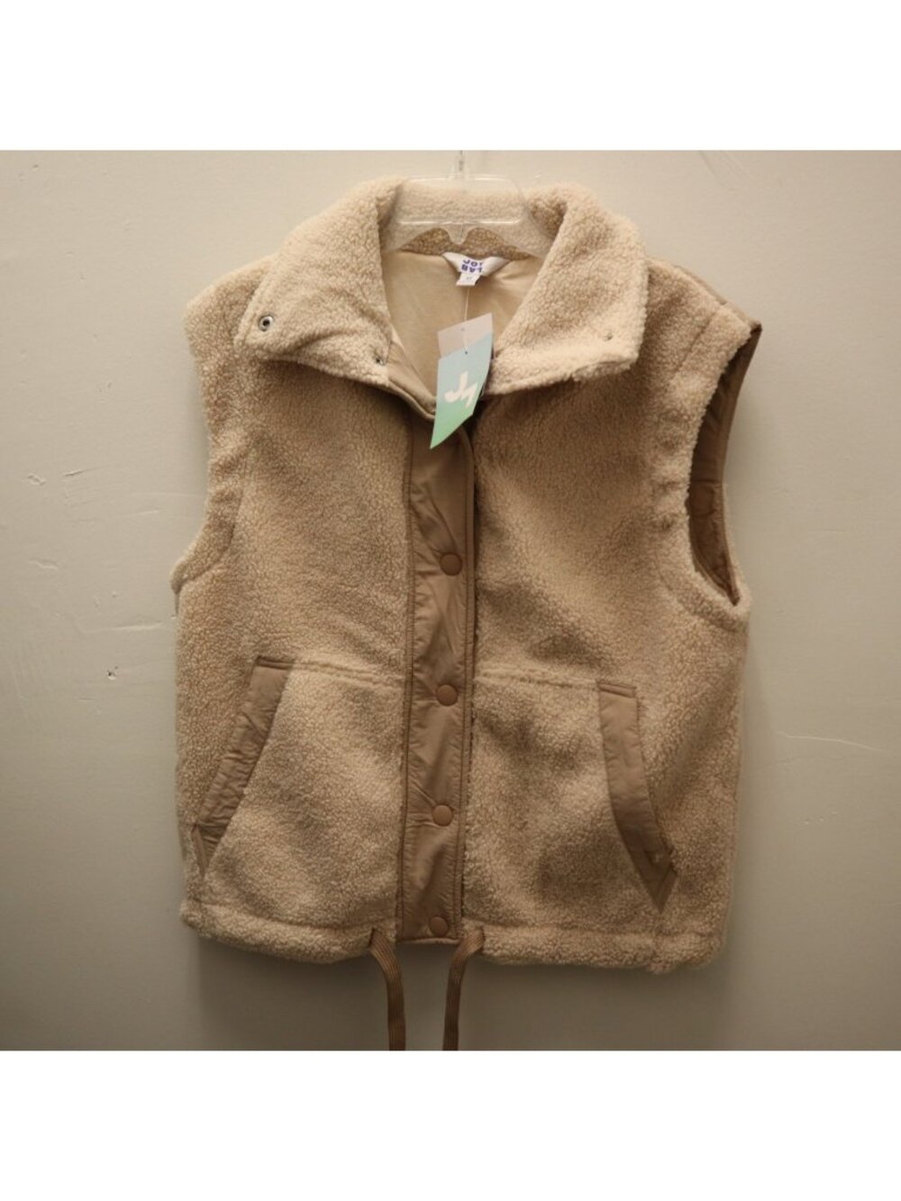 K-260 Joy Lab Women's XS Sleeveless Sherpa-Lined Beige Vest With Drawstring Hem